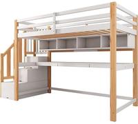 Lit superposé 90x200 cm, lit pour enfant avec un grand bureau et des étagères, lit multifonctionnel, lit superposé pour adolescents avec sommier à lattes, en bois massif, sans matelas, de couleur blan