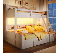 Lit superposé 90x200 et 140x200 cm, en bois massif, de couleur blanche, avec éclairage LED, espace de rangement (tiroir) et barrière de sécurité. Lit pour enfants silencieux