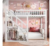 Lit superposé 90x200, lit à la française pour enfants avec échelle et armoire de rangement, lit pour adolescents gain de place avec sommier à lattes, lit ludique pour chambre d'enfant, lit en bois bla