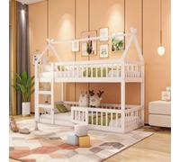 Lit superposé 90x200, lit enfant en hauteur pour 2 enfants, lit-cabane avec escalier et porte, lit en hauteur pour enfants avec barrière de sécurité et sommier à lattes, structure de lit superposé, li