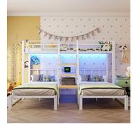 Lit superposé 90x200, lit triple, lit enfant, avec LED, échelle, 2 ports USB, 1 prise électrique, bureau, étagère,sans matelas,blanc