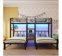 Lit superposé 90x200, lit triple, lit enfant, LED, échelle, 2 ports USB,1 prise électrique, bureau, étagère, matelas non inclus,noir