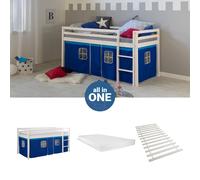 Lit superposé 90x200 Matelas d'enfant mezzanine Lattes Rideau Bleu Homestyle4u