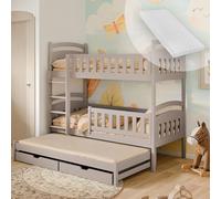 Lit superposé 90x200 lit d'enfant lit d'adolescent lit superposé 3 enfants, avec deux tiroirs, lit d'enfant transformable en 3 lits simples de 4 à 16 ans | sommiers à lattes & 3 matelas inclus | cache