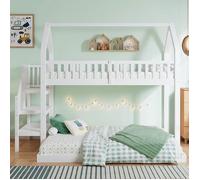 Lit superposé, 90x200cm+140x190cm,lit cabane lit enfant avec protection antichute et grille, blanc blanc