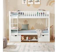 Lit superposé 90x200cm, transformable en 2 lits simples, lit enfant avec barrières de sécurité et tiroirs de rangement,échelle,blanc