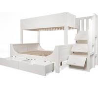 Lit superposé avec armoire-échelle et tiroirs, lit en bois avec barrières de sécurité et sommier à lattes, lit du haut 90 x 200 cm, lit du bas 140 x 200 cm (lit double, sans matelas)