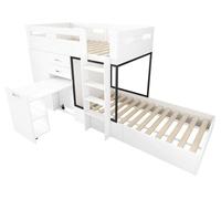 Lit superposé avec bureau escamotable et armoire intégrée - Lit multifonctionnel pour enfants - 90 x 200 cm - En MDF - Avec tiroirs, étagères et échelle - Sans matelas - Blanc et noir