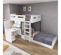 Lit superposé avec bureau escamotable et placard, lit multifonctionnel pour enfants, lit superposé pour enfants, avec tiroir et étagères, sans matelas