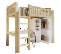 Lit superposé avec bureau et armoire - 90 x 200 cm - Bois de pin - 3 tiroirs et étagère ouverte - Barrière de sécurité et escalier - Sans matelas - Finition bois