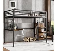 Lit superposé avec bureau et armoire intégrés - Lit à deux étages - 90 x 200 cm - Échelle - Barrières de sécurité - MDF et métal - Noir et imitation noyer foncé
