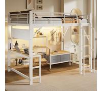 Lit superposé avec cadre en fer, bureau, port USB, barrière de sécurité, étagères, tiroirs en tissu, éclairage LED et panneau perforé, sans matelas, de couleur blanche, dimensions 140x200 cm