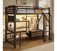 Lit superposé avec cadre en fer, bureau, port USB, barrière de sécurité, étagères, tiroirs en tissu, éclairage LED et panneau perforé, sans matelas, de couleur noire, dimensions 90x200 cm