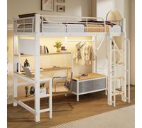 Lit superposé avec cadre en fer, bureau, port USB, barrière de sécurité, étagères, tiroirs en tissu, éclairage LED et panneau perforé, sans matelas, de couleur blanche, dimensions 90x200 cm