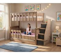 Lit superposé avec des tiroirs pratiques et un escalier, idéal pour les petites pièces