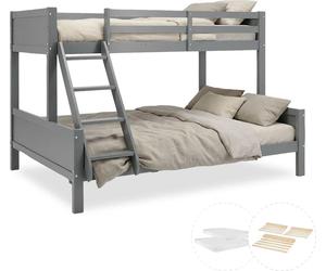 Lit Superposé avec Deux Matelas 90x200 et 140x200 cm Lit mezzanine 2 Places en Bois Gris Lit D'Enfant Lit Hauteur Sommier à lattes