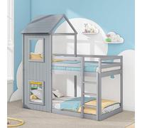 Lit superposé avec échelle, lit enfant, lit à baldaquin, lit en hauteur avec barrière de sécurité et sommier à lattes, lit en forme de cabane pour filles et garçons, lit jouet avec auvent, dimensions