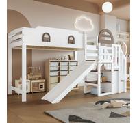 Lit superposé, avec fenêtre, toboggan, escalier barrière, 2 casiers escalier, rangement, pin MDF, blanc marron, 90x200cm