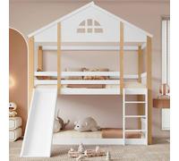 Lit superposé avec fenêtres caractéristiques et échelle d'angle à trois marches, lit d'enfant avec toboggan, lit d'intérieur avec barrières et protection contre les chutes, cadre de lit en bois massif