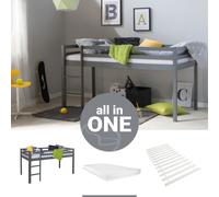 Lit superposé avec matelas et sommier à lattes 90x200 cm Lit d'enfant Lit mezzanine Gris Pin