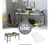 Lit superposé avec sommier à lattes échelle 90x200 cm Lit d'enfant gris massif Lit mezzanine