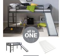 Lit superposé avec sommier à lattes toboggan 90x200 cm Lit d'enfant gris massif Lit mezzanine