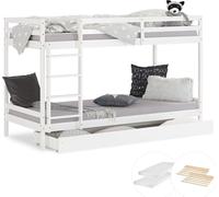 Lit superposé avec tiroir et 2 matelas Lit enfant 90x200 cm Lit mezzanine en bois massif blanc