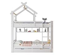 Lit superposé avec tiroirs et étagères, lit de maison avec échelle à trois marches à angle droit, lit d'enfant avec protection contre les chutes et barrière,