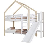 Lit superposé avec toboggan et échelle d'accès en angle à trois marches, lit en forme de maison avec barrière de sécurité, lit d'enfant, cadre de lit en bois massif, 90 x 200 cm