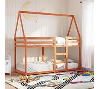 Lit superposé avec toit, couleur marron cire, dimensions 80x200 cm. Lit pour enfant en bois massif de pin, avec espace de rangement et barrières de sécurité, idéal pour les petites pièces, adapté aux 