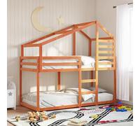 Lit superposé avec toit, couleur marron cire, dimensions 90x200 cm. Lit pour enfant en bois massif de pin, avec espace de rangement et barrière de sécurité, idéal pour les petites pièces, adapté aux e
