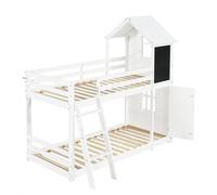 Lit superposé, avec une petite porte et un tableau, de jolies fenêtres et un toit, une échelle inclinée à trois marches, des sommiers à lattes solides, pin + MDF + PB + contreplaqué