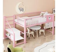 Lit superposé bas 90 x 200 cm avec échelle de rangement, espace de stockage, structure en métal, lit pour enfant, lit pour adolescent, lit simple, rose, design gain de place