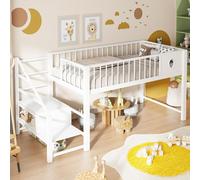 Lit superposé bas 90 x 200 cm avec échelle de rangement, espace de stockage, structure en métal, lit pour enfant, lit pour adolescent, lit simple, blanc, design économe en espace