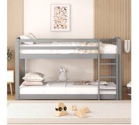 Lit superposé bas enfant 90x200 cm gris en pin massif avec 15 lattes, barrières de sécurité et échelle