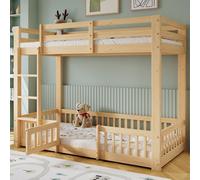 Lit superposé bois 90x200cm (naturel) : pin+LVL, escalier angle droit, rampe+porte, protection antichute, espace libre sous lit