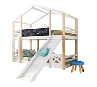 Lit superposé cabane 90 x 200 cm avec toboggan, échelle, blanc naturel