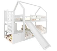 Lit superposé cabane 90 x 200 cm blanc avec toboggan et escalier