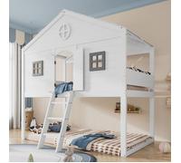 Lit Superposé Cabane 90x200 - Escalier Incliné - Garde-corps 360° - Blanc/Gris - 120kg Max