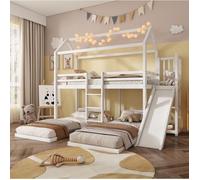Lit superposé cabane enfant avec toboggan 3 couchages, rangement supérieur, 90x200 cm, pin MDF blanc VEVXYN