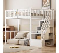 Lit superposé de 90 x 200 cm en bois massif de pin, de couleur blanche, avec un escalier de sécurité intégré, 15 lattes, un espace de rangement et une hauteur libre de 140 cm en dessous du lit