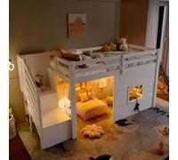 Lit superposé de 90x200 cm avec escalier de rangement et fenêtre, blanc - Design moderne et gain de place