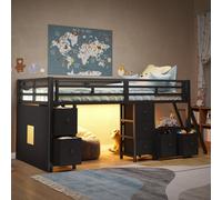 Lit superposé demi-hauteur 90x200 cm avec 7 tiroirs en tissu, une étagère ouverte, un éclairage LED avec 7 couleurs, une barrière de sécurité tout autour et un espace de jeu, couleur noire
