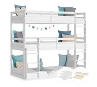 Lit Superposé 90x200 cm avec Matelas Lit d'Enfant 3 Places Lit Triple en Bois Blanc Lit Mezzanine Lit Hauteur Sommier à lattes