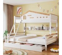 Lit superposé double pour enfants avec barrière de sécurité, fenêtre, échelle inclinée & étagères, pin+MDF, blanc+naturel, tiroirs inclus, 90x200cm & 140x200cm