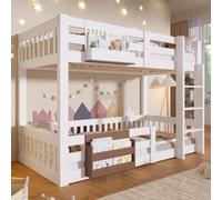 Lit superposé en bois 90 x 200 cm, lit d'enfant en pin et MDF, lit mezzanine avec échelle, barrières de sécurité et 2 espaces de rangement, silencieux et stable, sans matelas, blanc