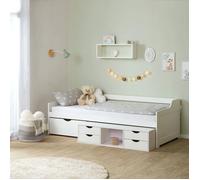 Lit superposé en bois blanc 90x200 cm avec rangement coffre et sommier à lattes