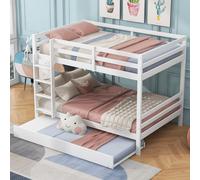 Lit superposé en bois massif 140 x 200 cm avec lit gigogne et escalier, blanc - Lit d'enfant et lit d'appoint en pin et MDF - Solide, silencieux, sans matelas