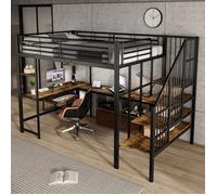 Lit superposé en fer 120×200 cm, Noir+Noyer foncé, avec escalier angle, bureau, prise et rangement clavier