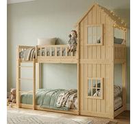 Lit superposé en forme de maison pour enfants - Bois/MDF - Deux fenêtres - Escalier à trois marches - Barrières de sécurité tout autour - Espace de rangement - Matelas 90 x 200 cm